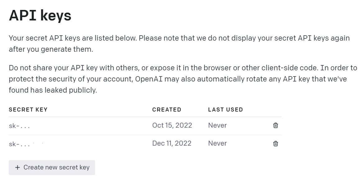 Screenshot of API keys in OpenAI