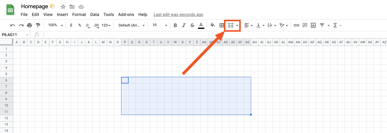 An area of a spreadsheet selected with an arrow pointing to the merge cells shortcut