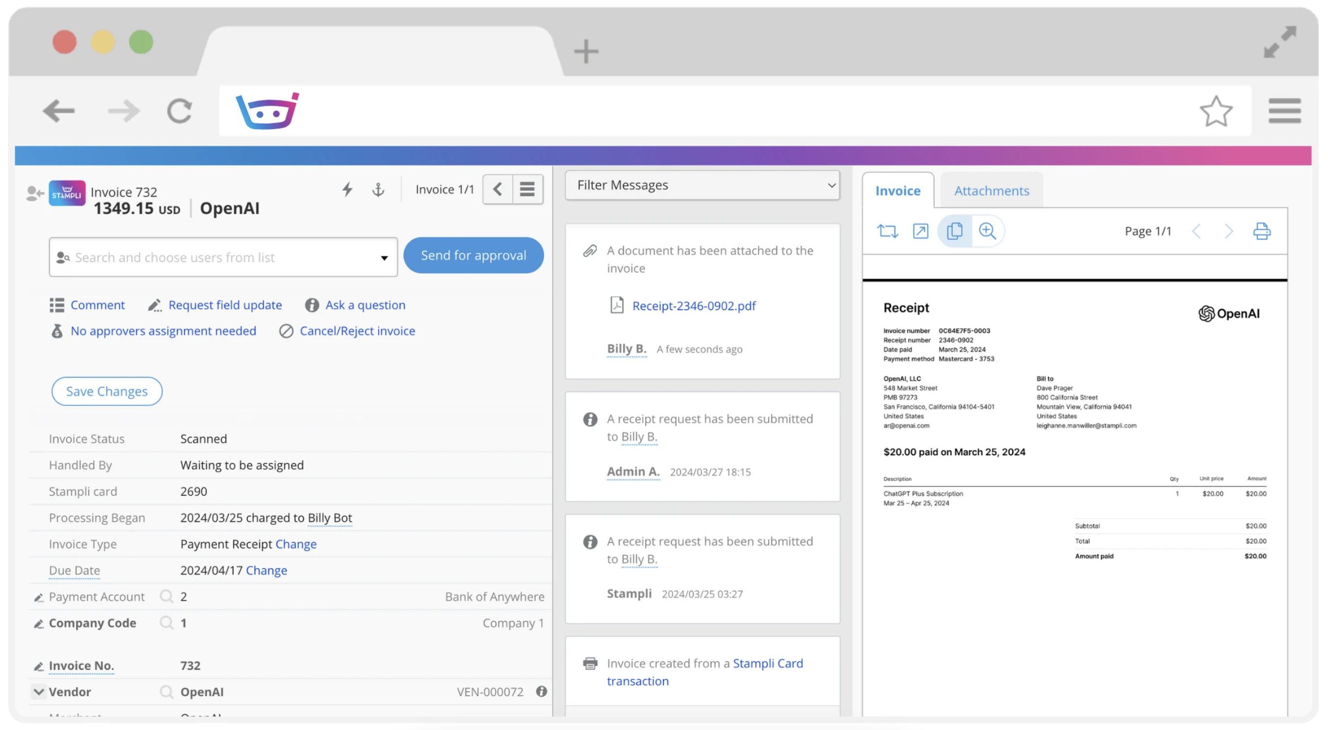 A screenshot of Stampli, a finance automation software.