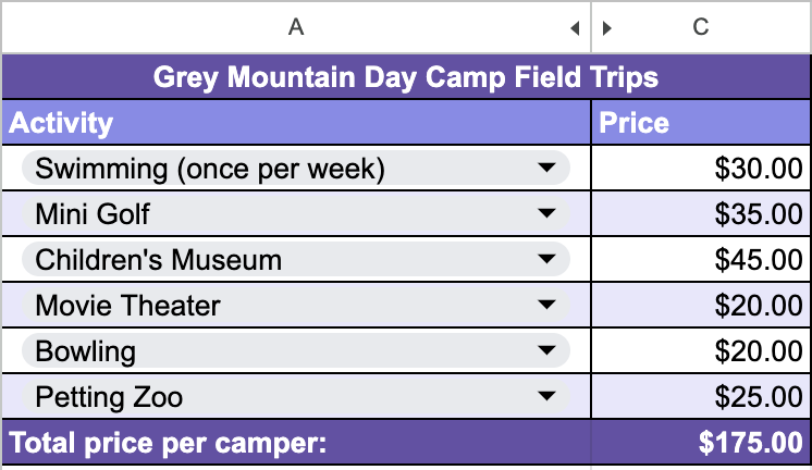 A summer camp's price list