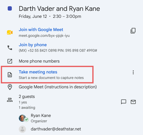 Google Calendar event invite with a link to take meeting notes in Google Docs highlighted.