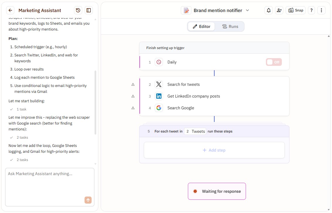The Relay.app workflow builder with AI assistant