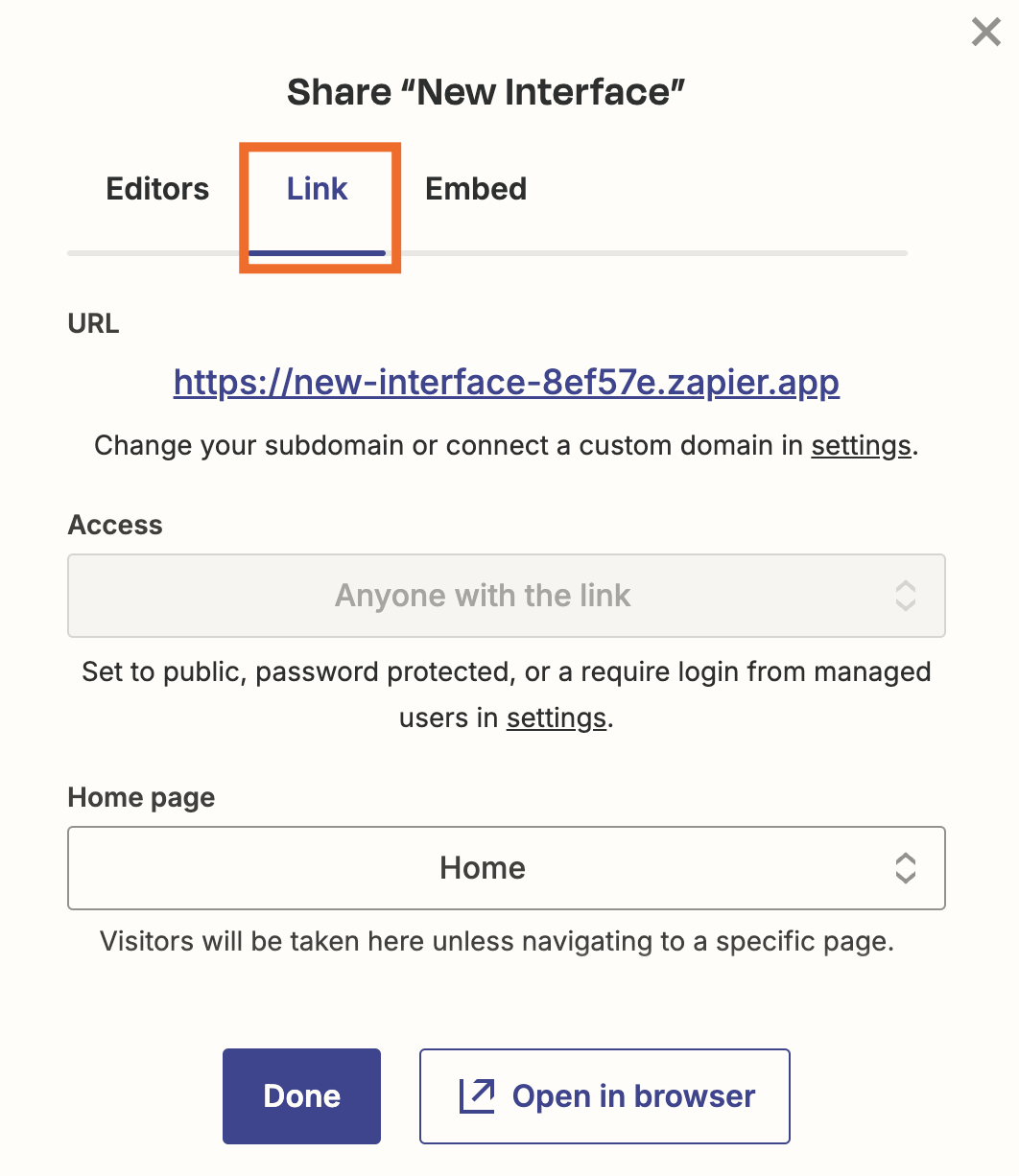 Screenshot of link options in sharing