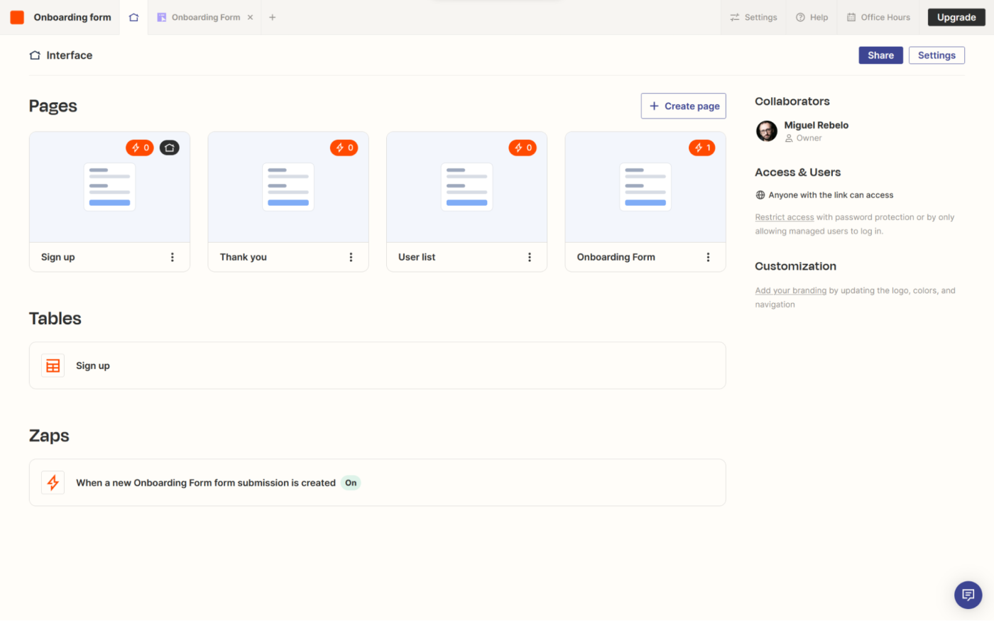 A view of the Zapier Interfaces dashboard, displaying the app's pages, connected Tables, and configured Zaps.