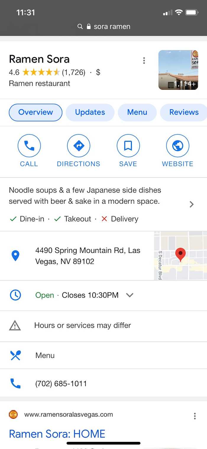 google-my-business-optimization-12-ramen-sora Ramen Sora's GMB listing on mobile