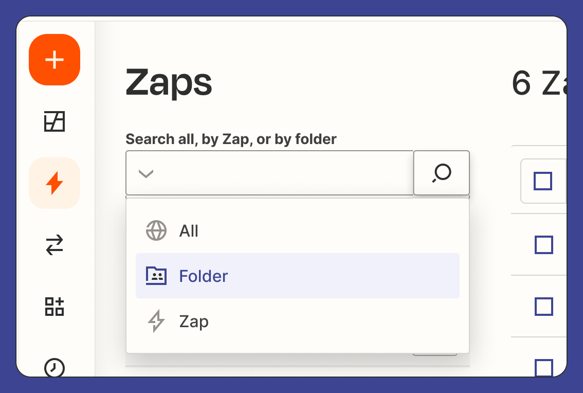 Search bar on Zaps page with a dropdown of search options: all, folder, and Zap.