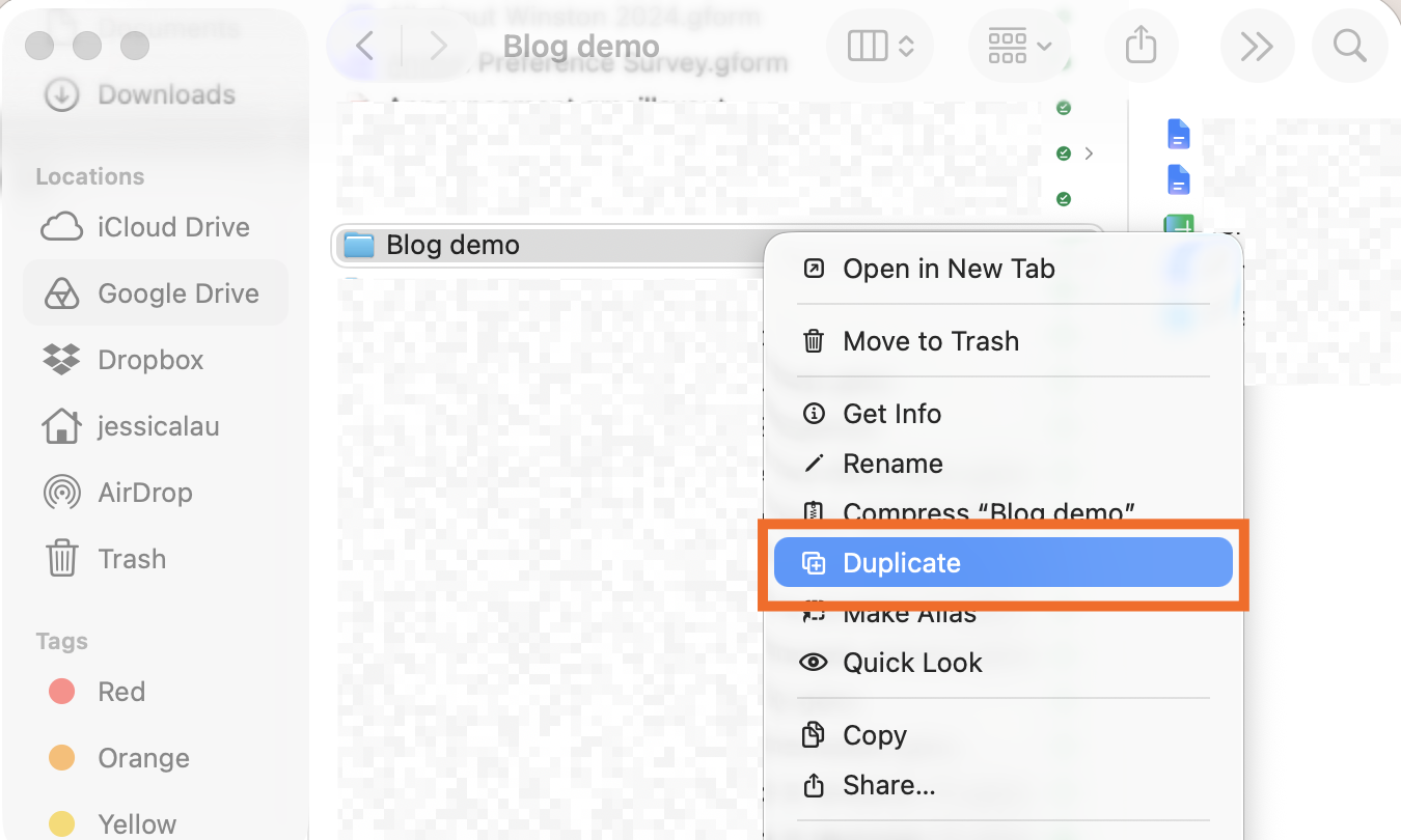How to duplicate a folder from the Finder window on Mac.