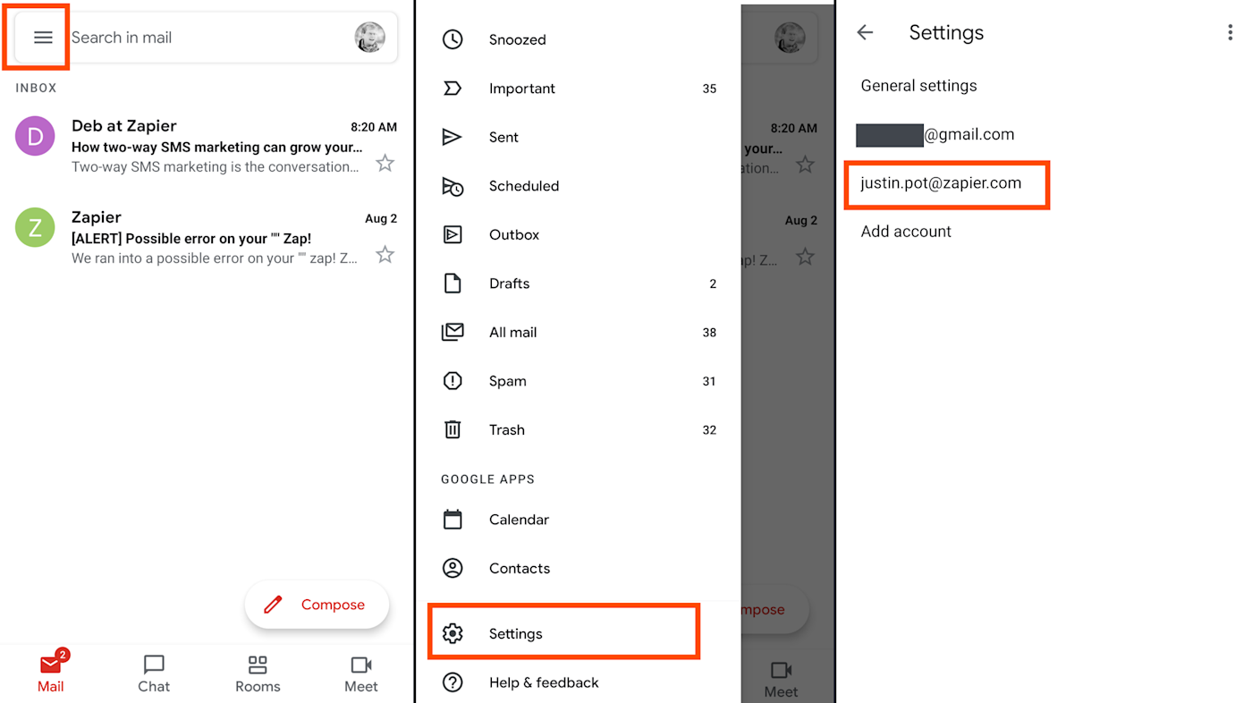 Finding your settings in mobile Gmail