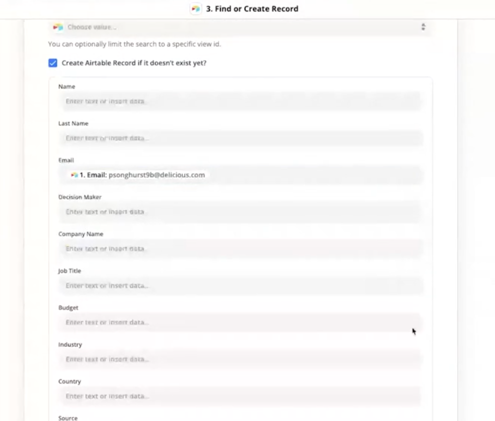 A Find or Create record step in the Zap editor.
