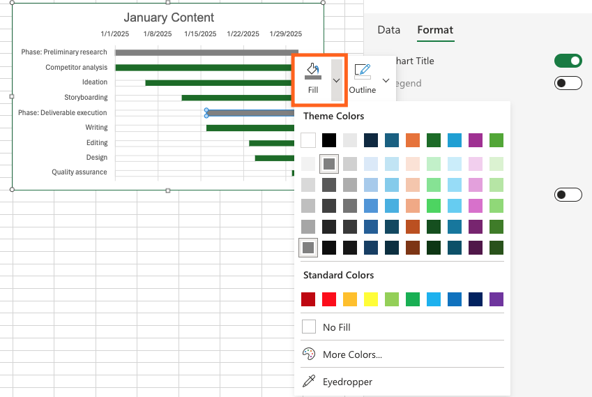 Screenshot of the Excel sheet showing how to change the bar fill color 