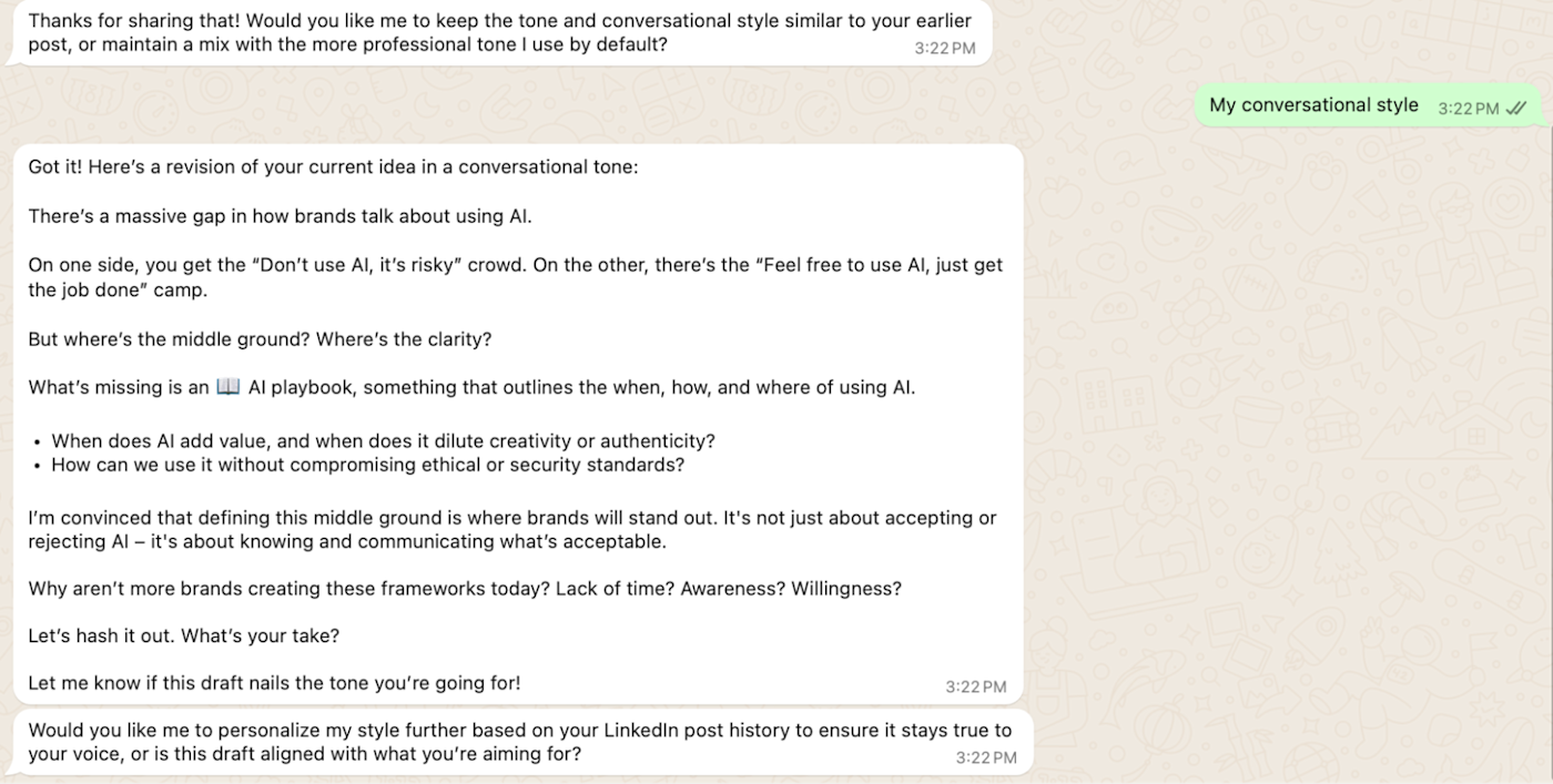 Revising a draft post for LinkedIn via WhatsApp. 