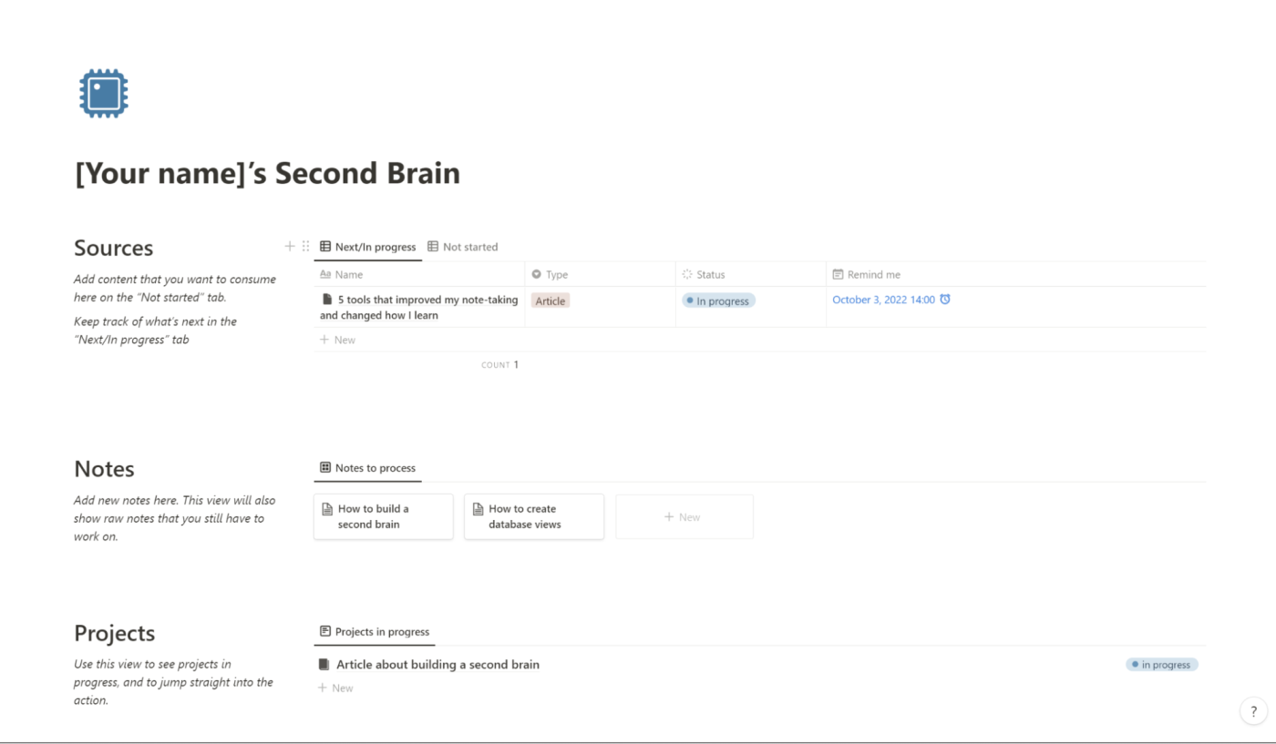 Screenshot of the Notion second brain template