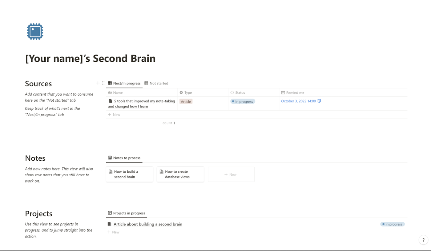 Screenshot of the Notion second brain template