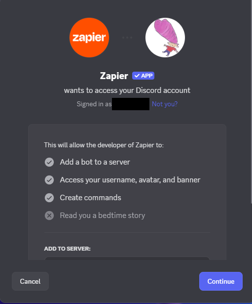 A permissions pop-up from Zapier asking for permission to access parts of your Discord account.