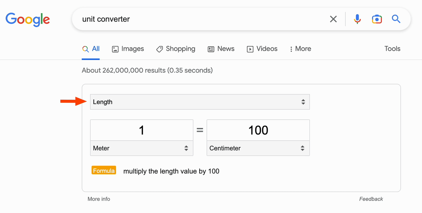 A unit converter in Google Chrome. The unit options dropdown list is selected displaying more categories of units that Google Chrome can convert.