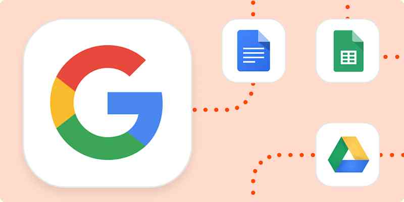automation-inspiration-00-google-workspace-docs-sheets-drive The Google logo, connected with orange dotted lines to the logos for Google Docs, Google Sheets, and Google Drive.