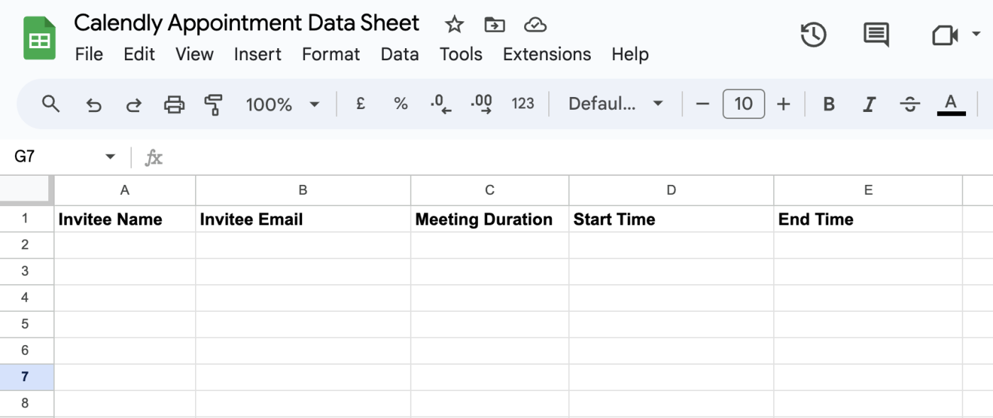A Google Sheet with columns added for event details.
