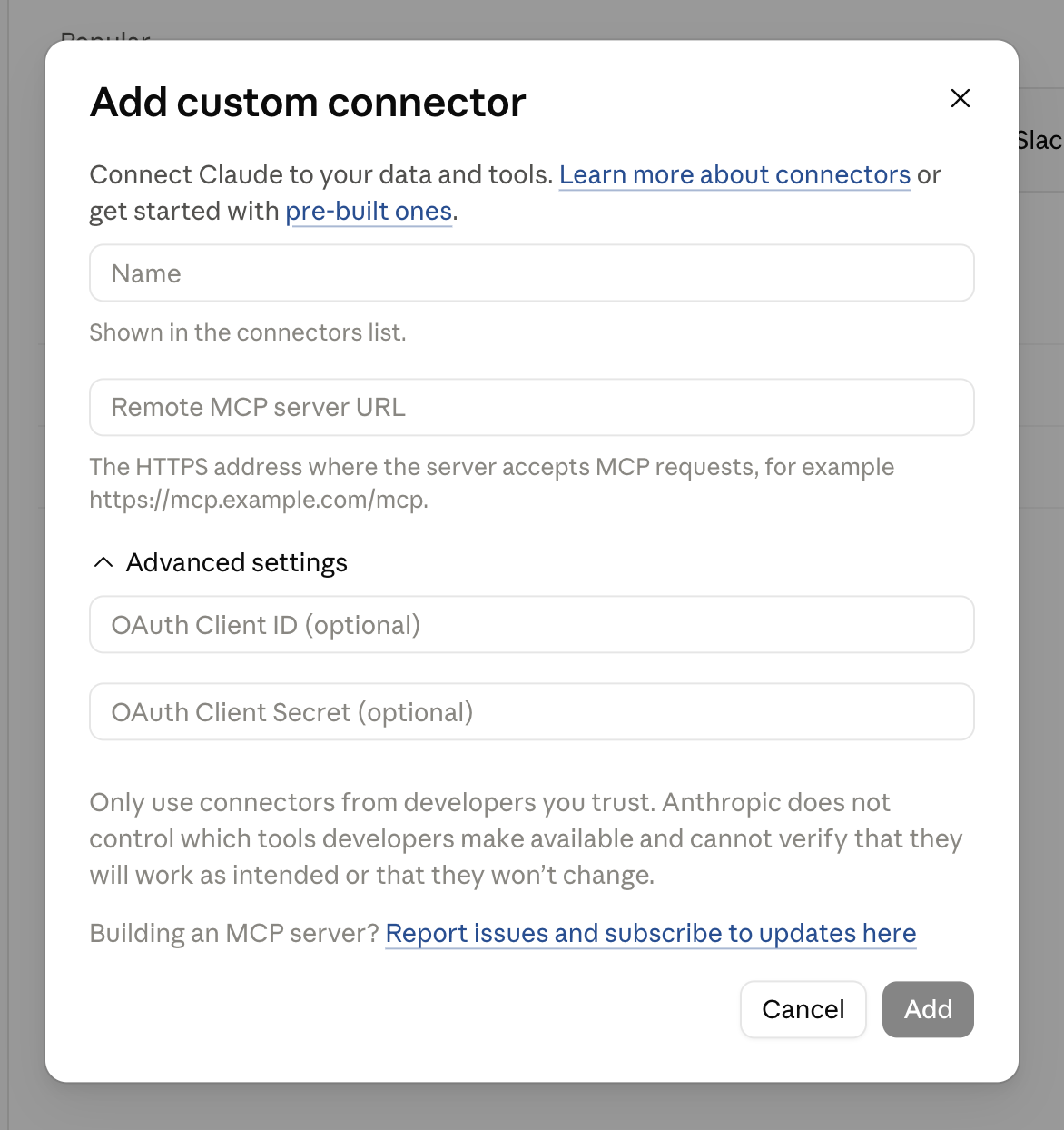 Adding details for a Claude custom connector (MCP server)