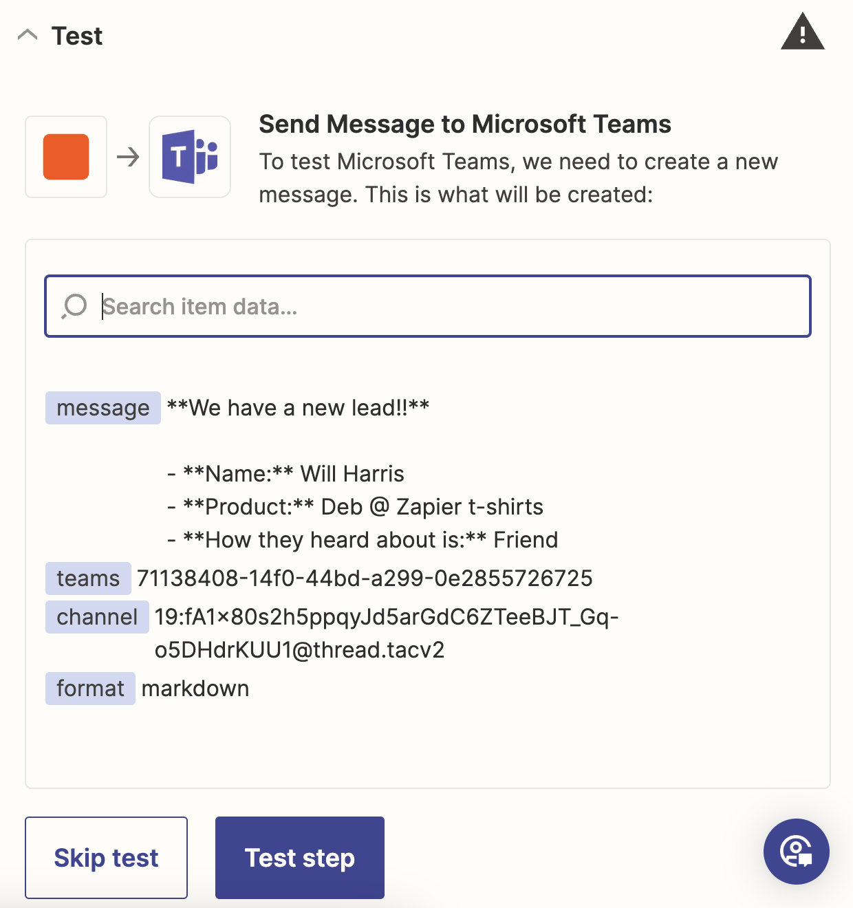 A screenshot of the test screen for a Microsoft Teams action step in the Zapier editor.