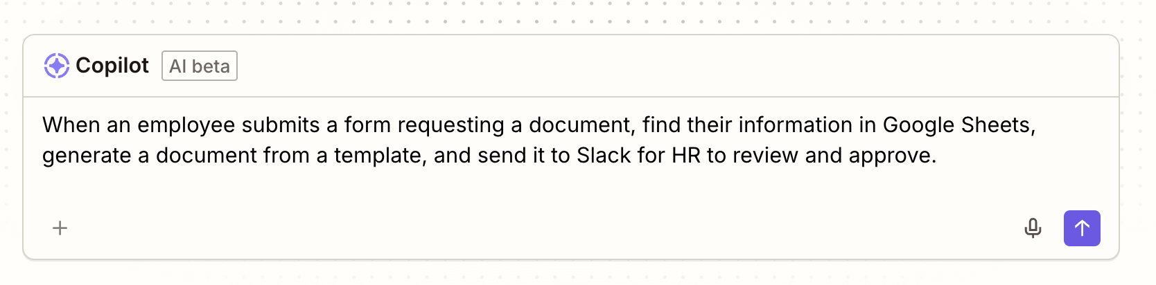 A prompt in Zapier Copilot to build a workflow using Forms, Google Sheets, and Slack
