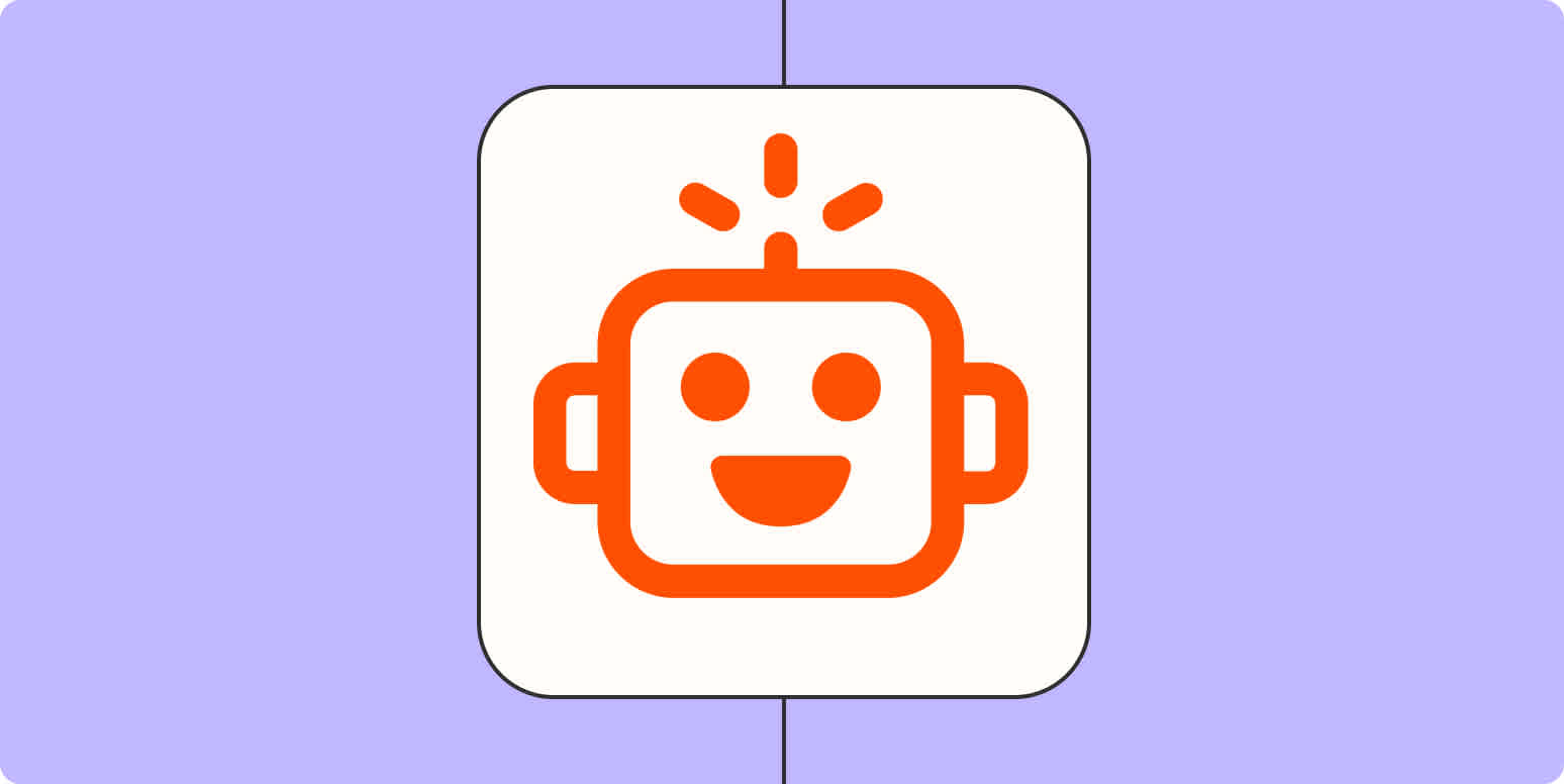 An orange robot icon on a light purple background.