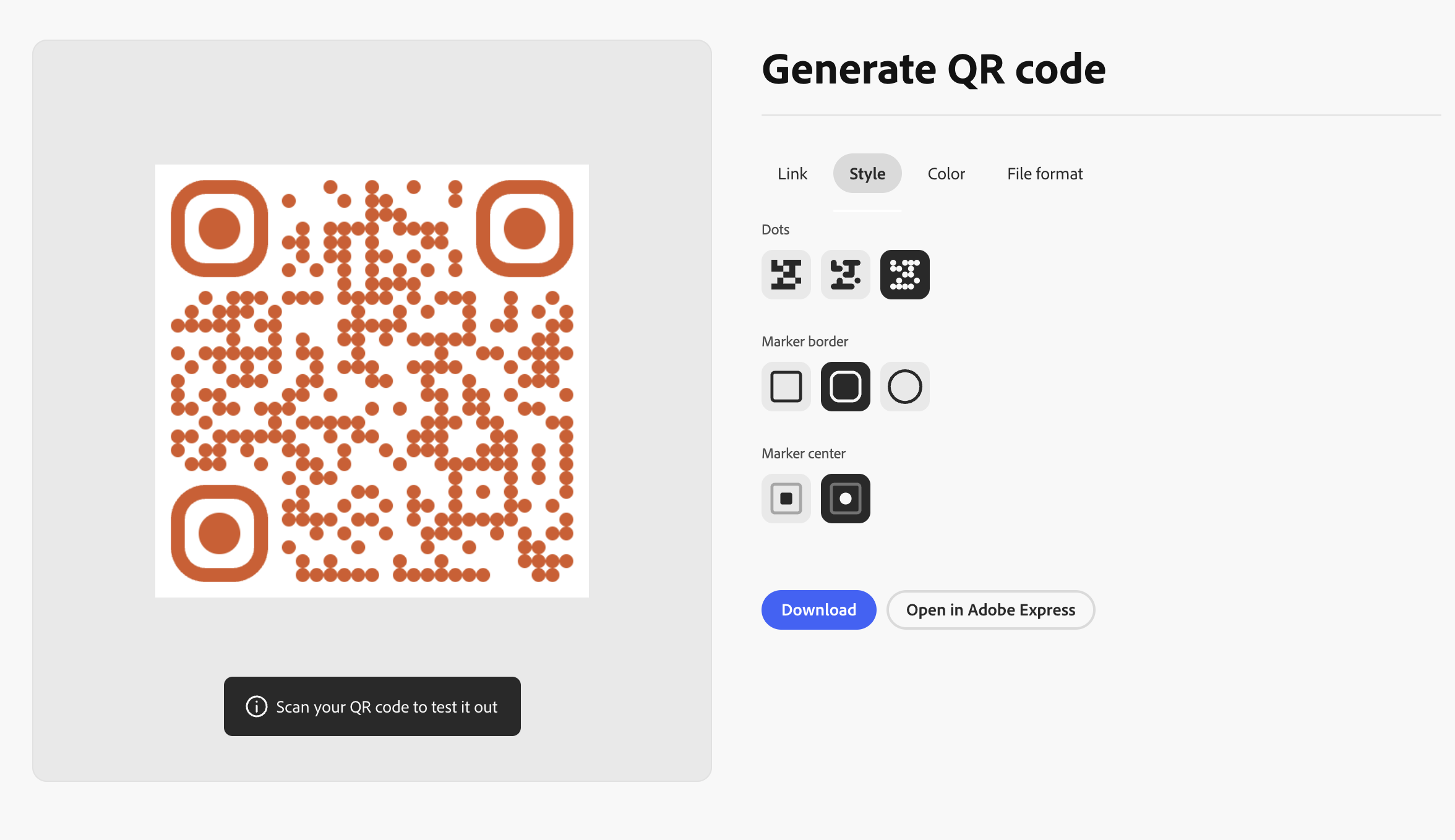 Example of a stylized QR code created using the Adobe Express QR code generator.