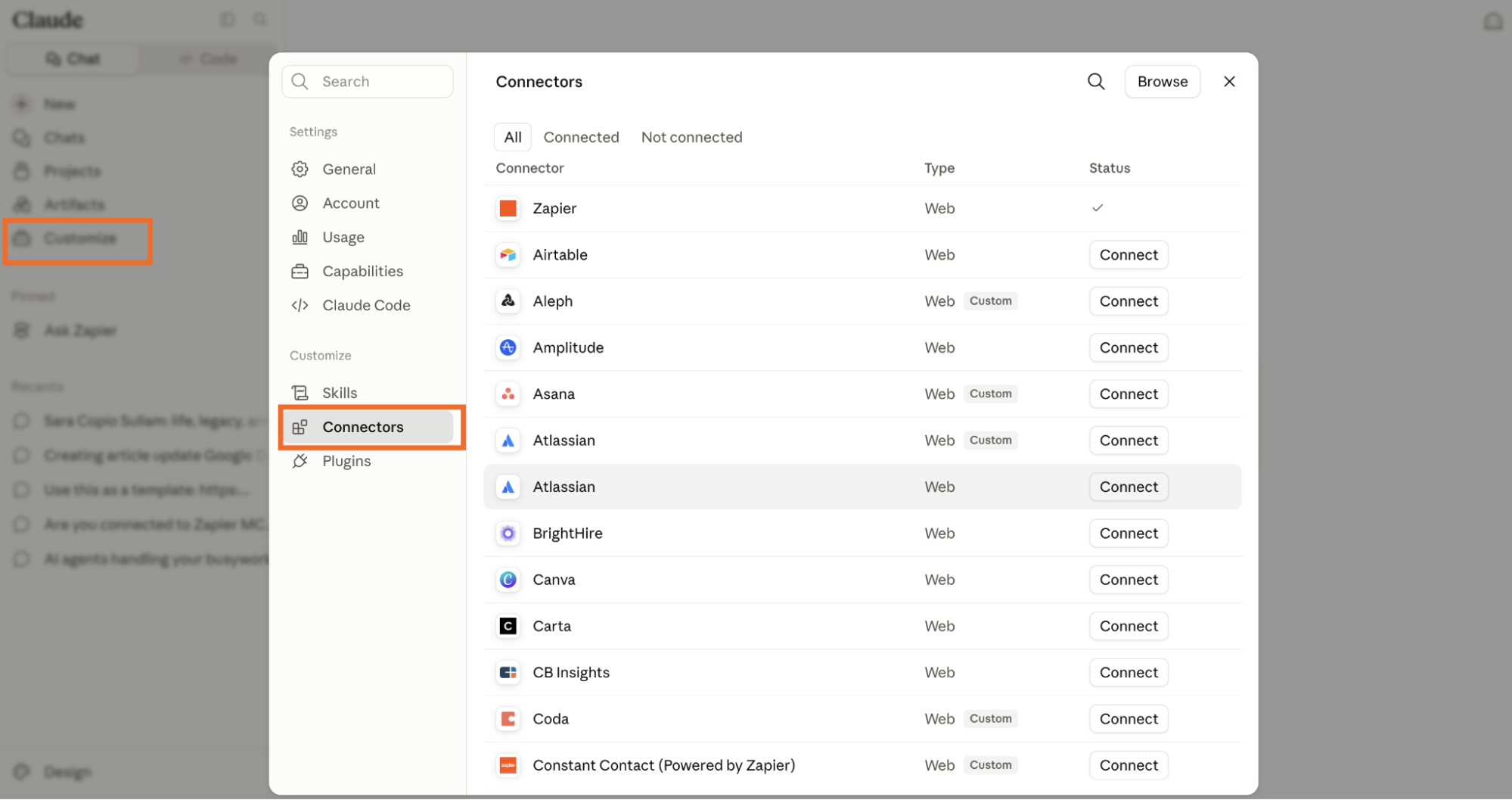 The Connectors tab in Claude settings