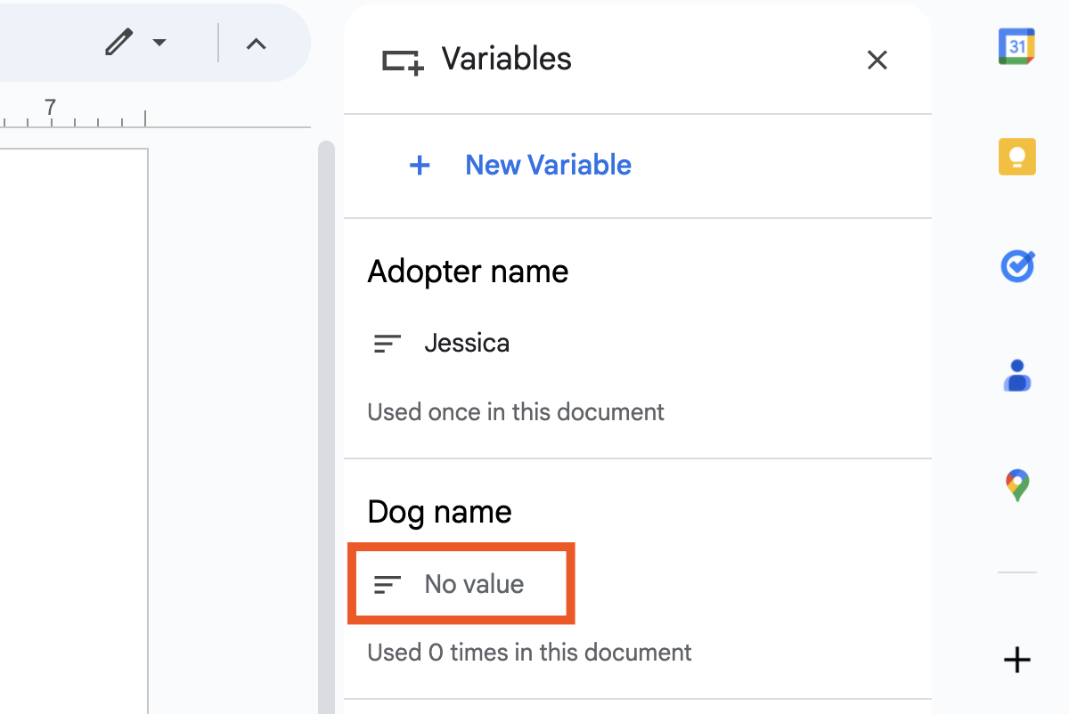 Google Docs variables panel with the no value area for a variable highlighted. 