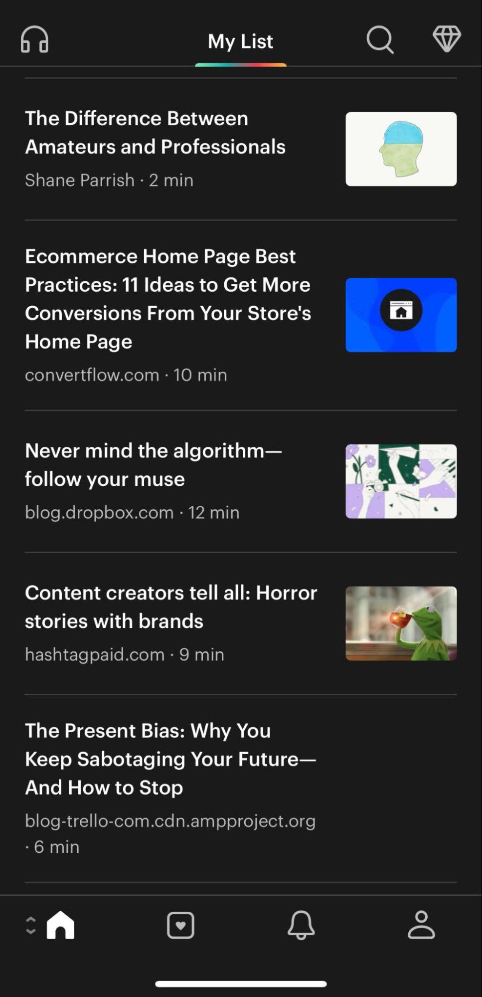 The Pocket mobile app, where you can listen to articles read aloud.