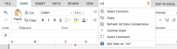 Find tools via search in Excel