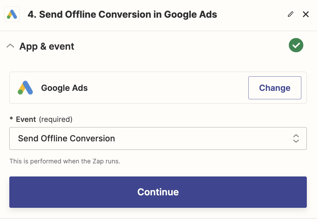 A screenshot of a Google Ads action step in the Zapier editor.