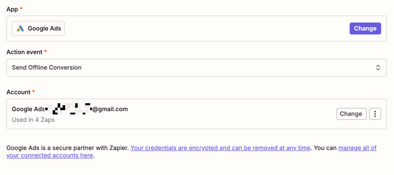 A screenshot of the Google Ads action step in Zapier Editor.