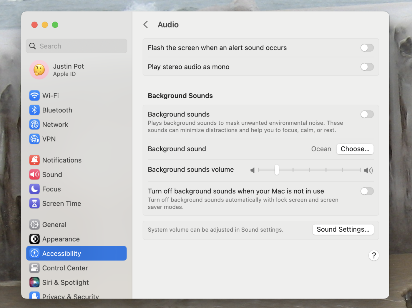 The background sounds settings on a Mac