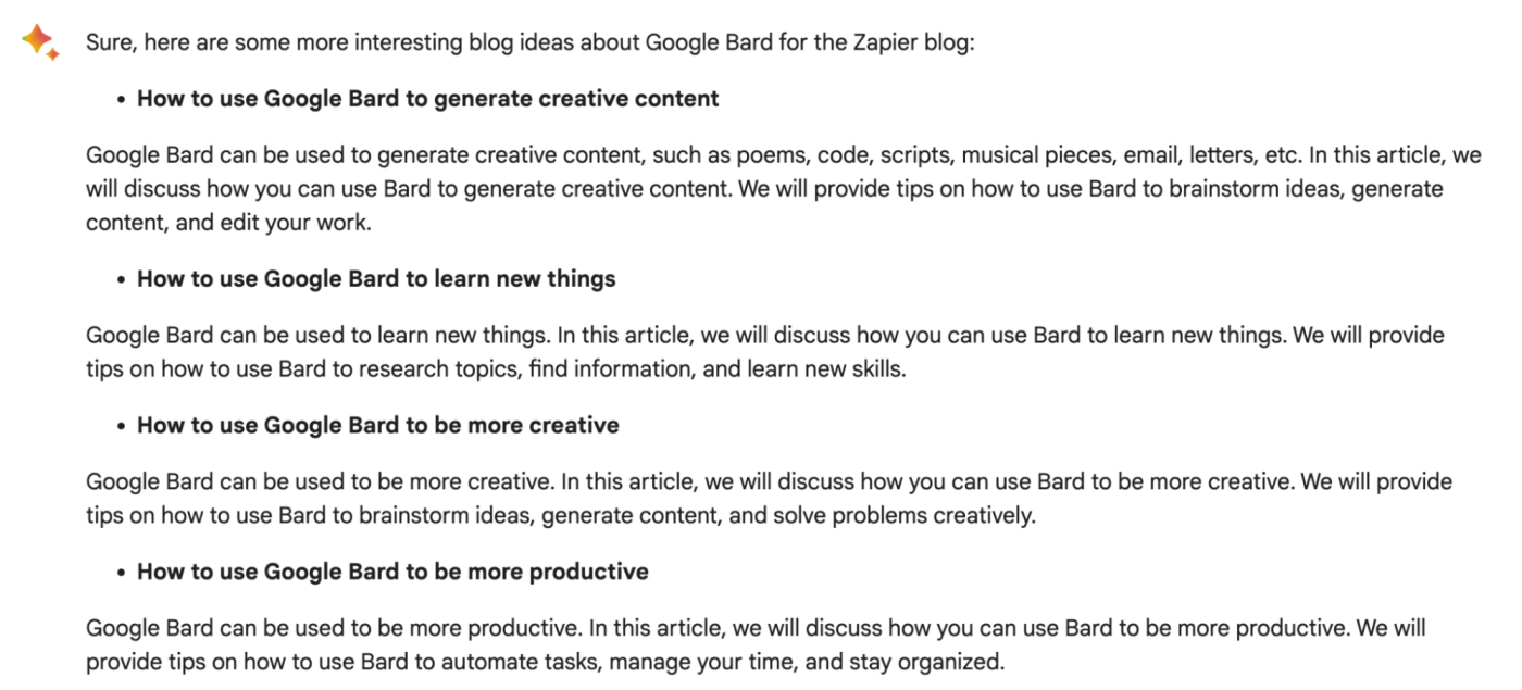 Google Bard's ideas for an article about Google Bard for the Zapier blog