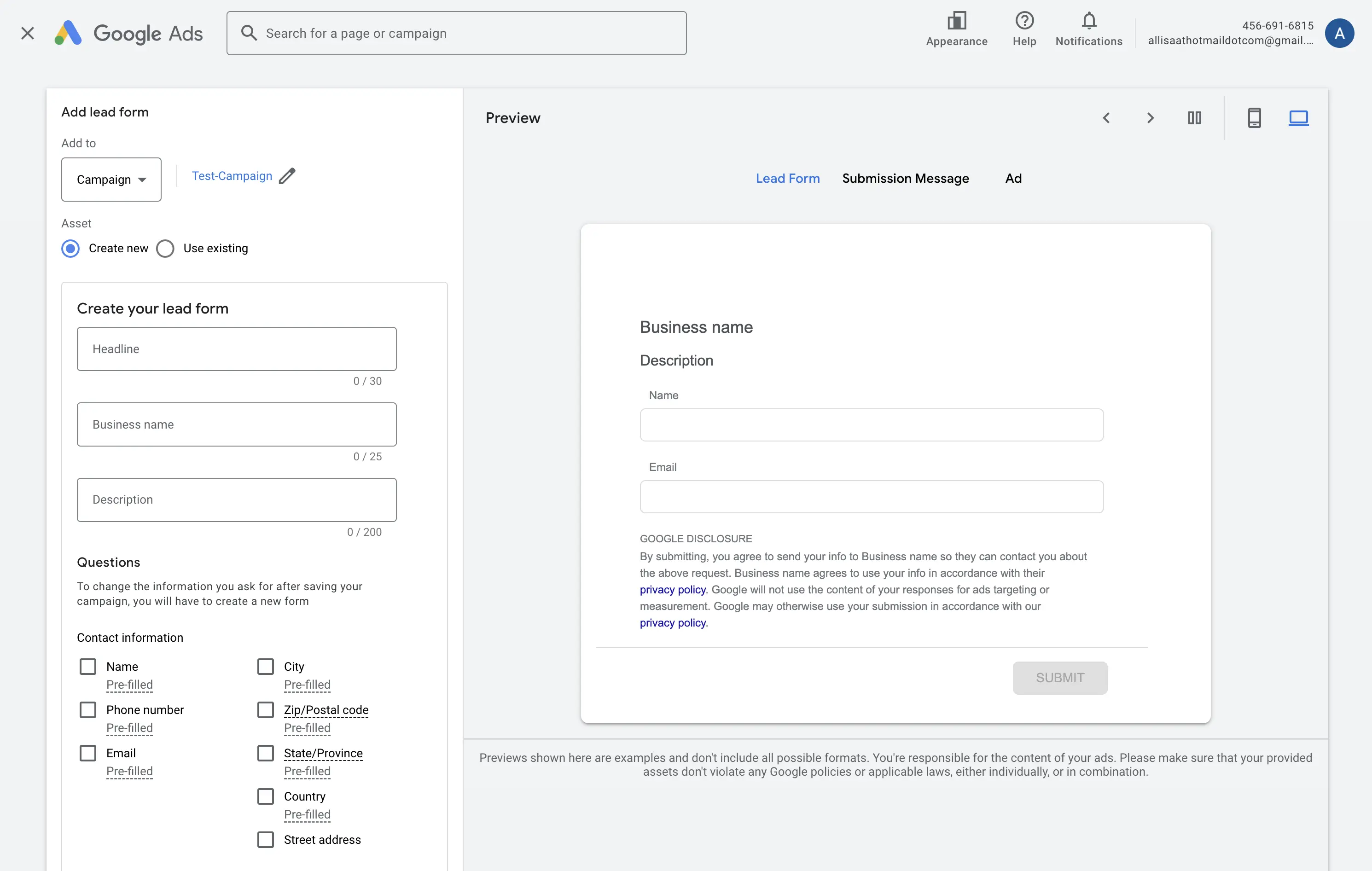 Erstellen des Google Ads-Leadformulars