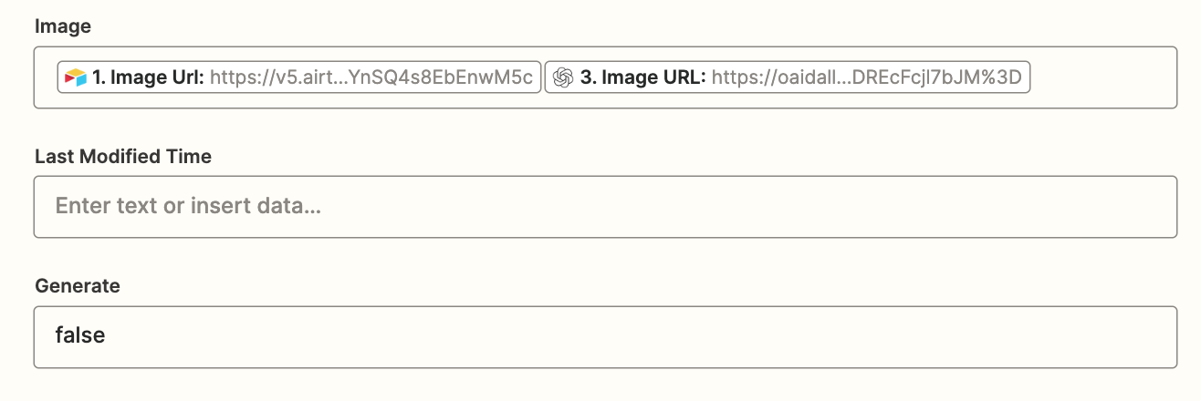 An Image field in a Zap with two image URL data points added to the field.