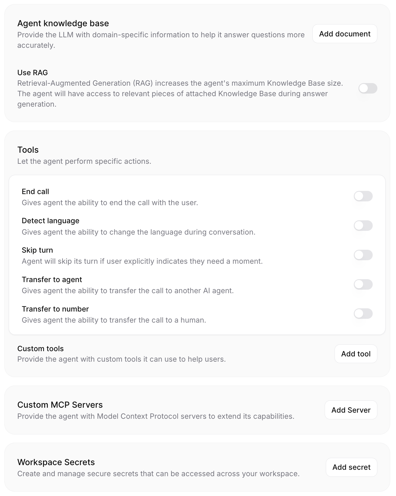 The settings options for AI agents on ElevenLabs