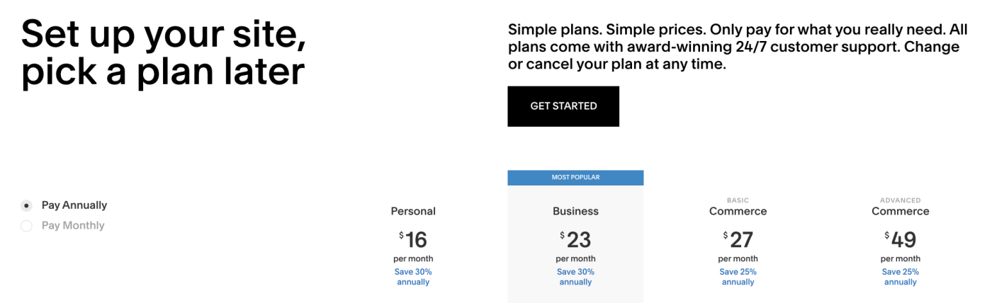 Screenshot of Squarespace's pricing plans