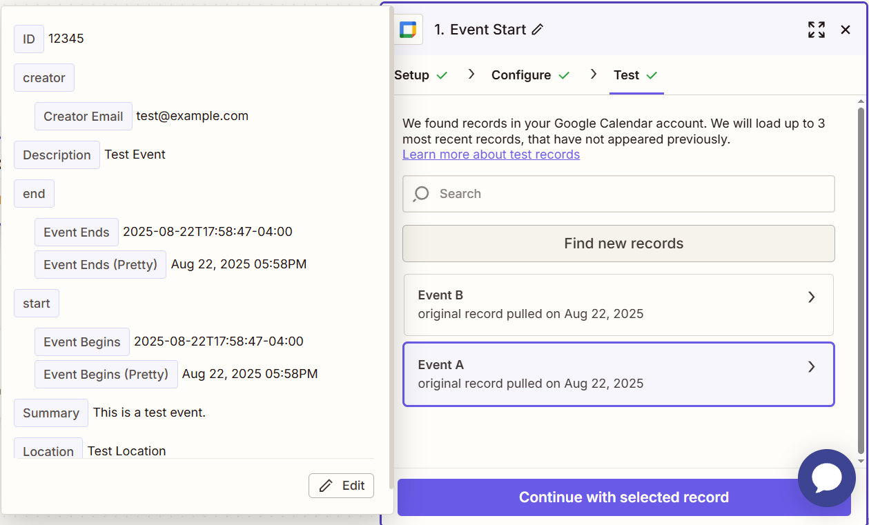 A window showing a test record for a Zapier trigger step