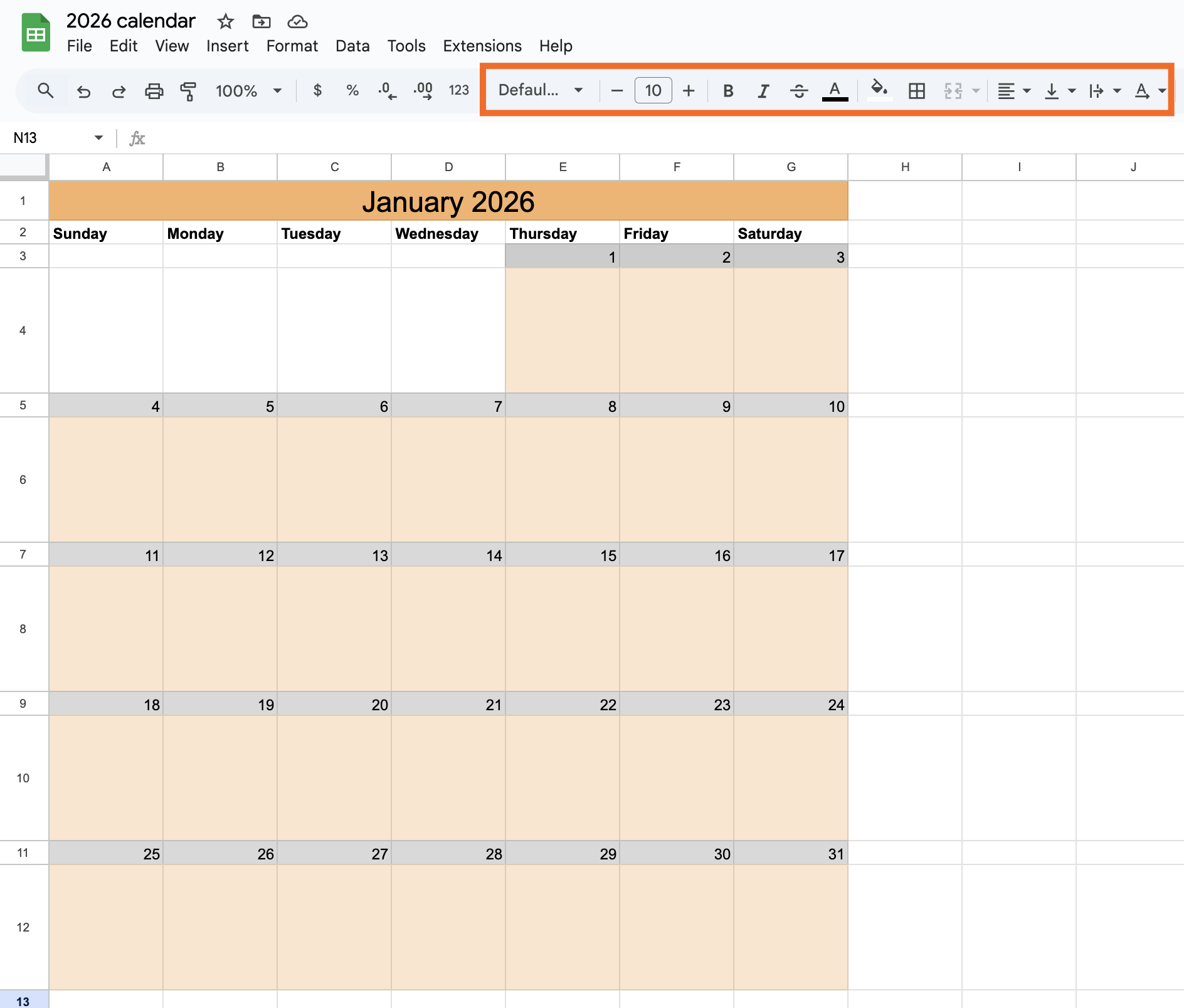 Screenshot showing a designed calendar in Google Sheets.