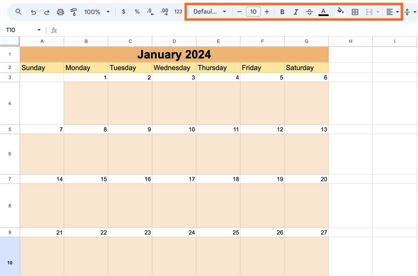 Screenshot showing a designed calendar in Google Sheets.