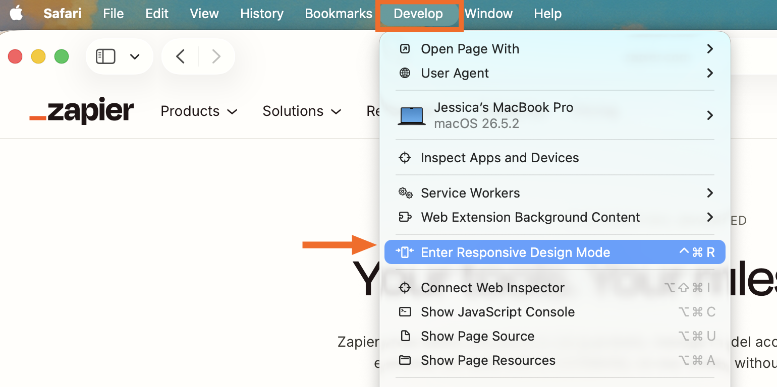 Expanded view of the Developer menu in Safari's menu bar. The option to enter designer responsive mode is highlighted.