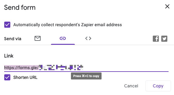 Une case cochée à côté de " Raccourcir l'URL ".  Le lien hypertexte ci-dessus est raccourci.  Une info-bulle invite l'utilisateur à utiliser un raccourci clavier pour copier et coller l'URL.