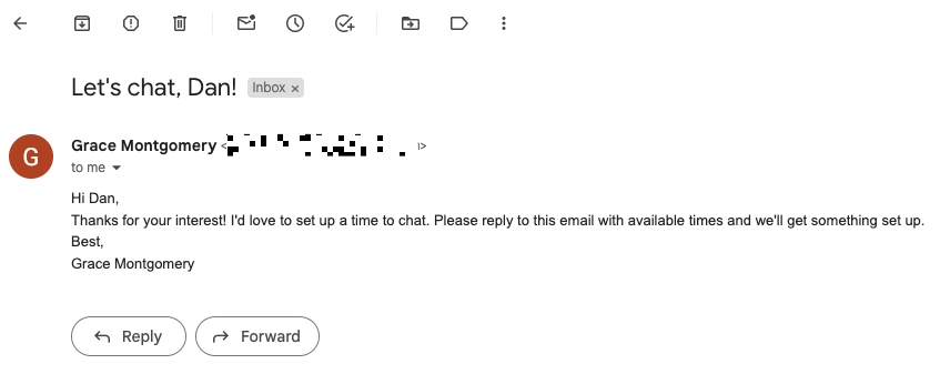 An email in Gmail following up with a lead.