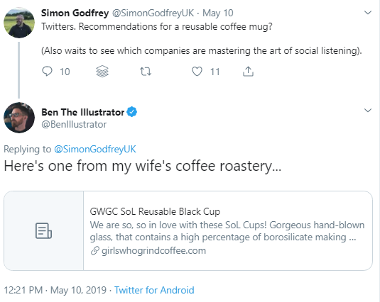 Someone asks for a coffee roastery recommendation and someone else responds with a suggestion for his wife