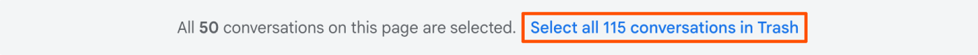 Screenshot of selecting all trash in Gmail.