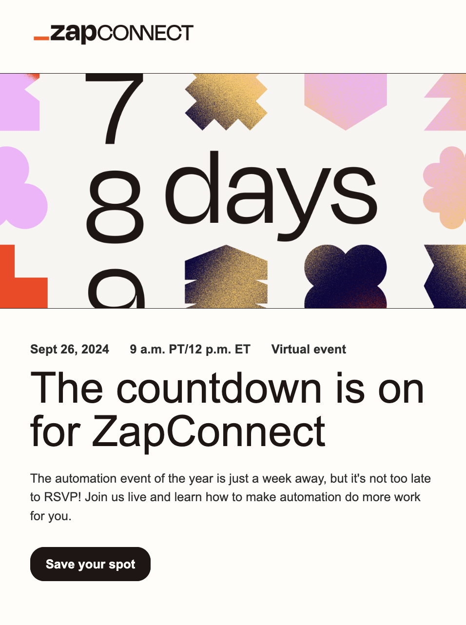 Event marketing email example for ZapConnect—Zapier's annual user conference.