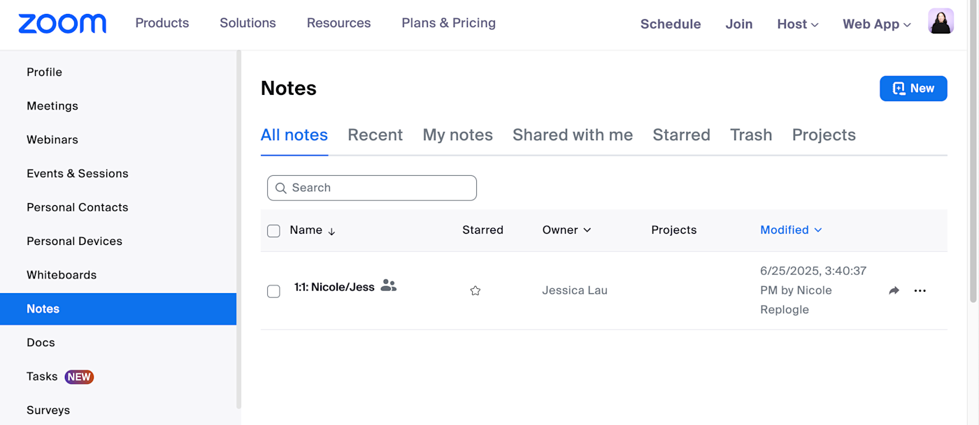 Zoom Notes in the Zoom web portal. 