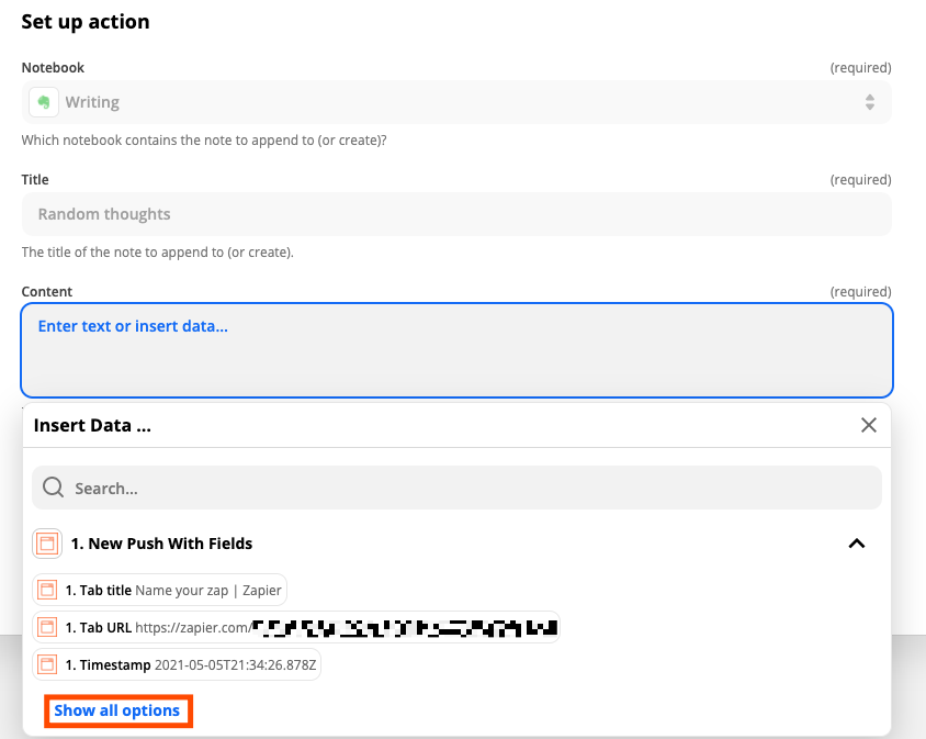 The Evernote action step in the Zap editor. A red box highlights the Show All Options button for inserting a dynamic value from previous Zap steps. 