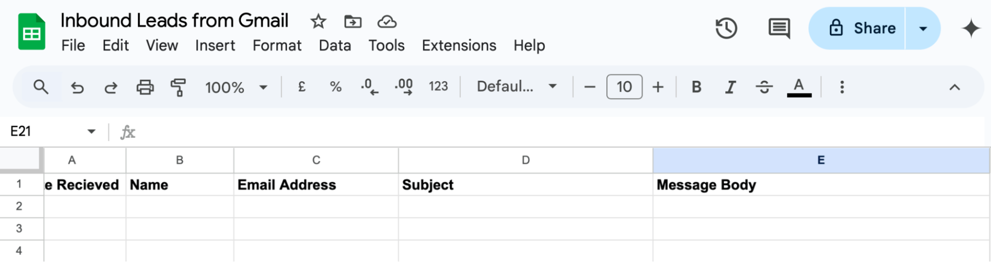 A spreadsheet with columns for name, email address, subject, and message body